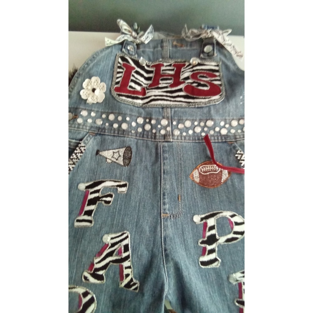 Denim Overalls Cheerleader Football Spirit Wear Embellished Applique Size 12